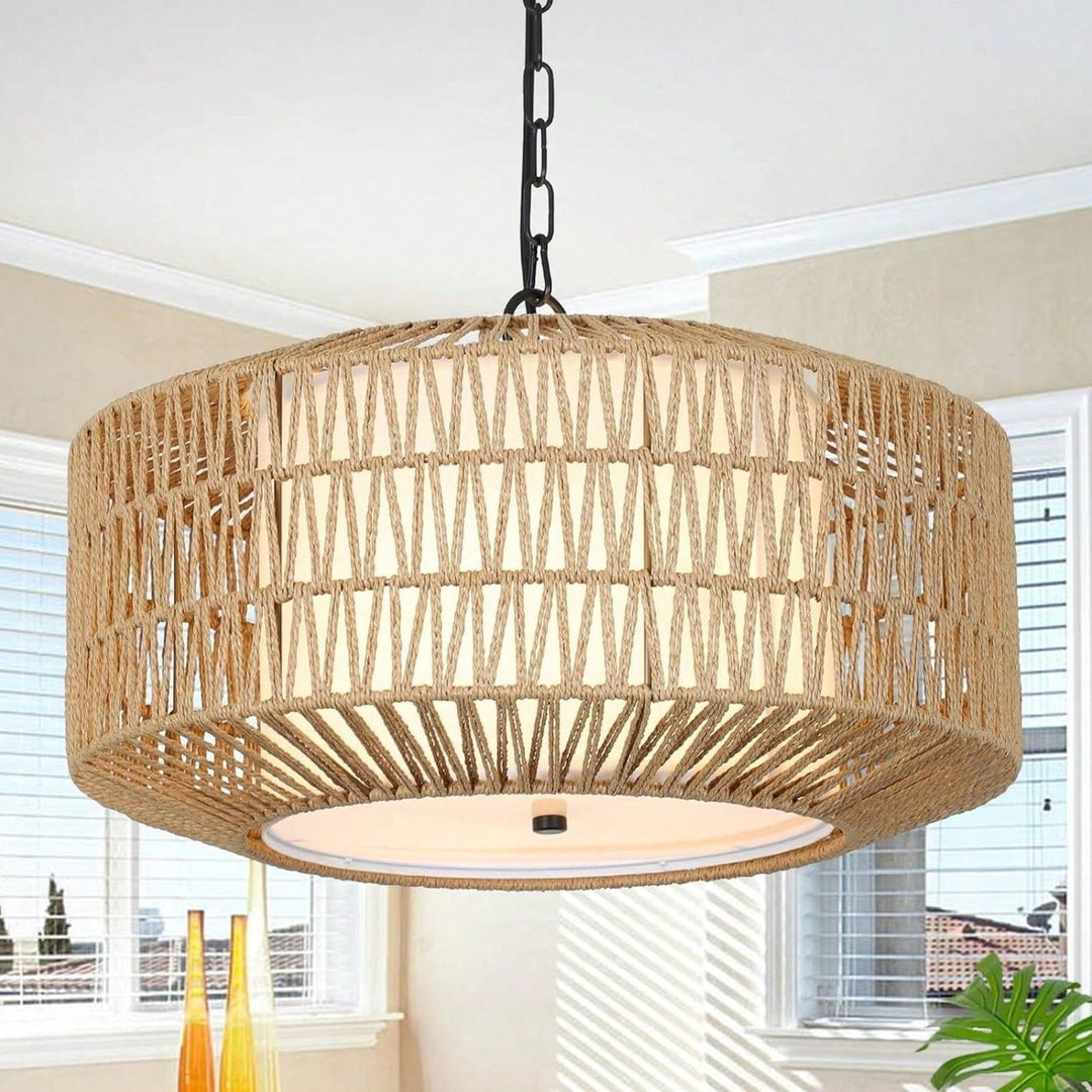 Hand Woven Rattan Boho 4-Light Chandelier for Dining Room Kitchen Bedroom Island Hallway Image 1