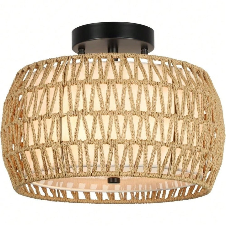 Hand-Woven Rattan Fabric Drum Ceiling Light Fixture Farmhouse Style for Kitchen Island Dining Room Bedroom Hallway Image 1