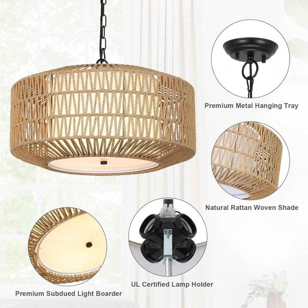 Hand Woven Rattan Boho 4-Light Chandelier for Dining Room Kitchen Bedroom Island Hallway Image 7