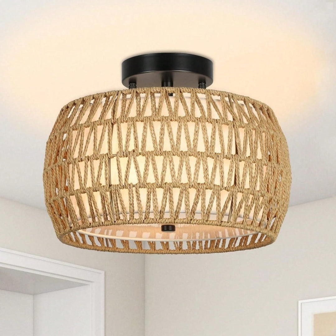 Hand-Woven Rattan Fabric Drum Ceiling Light Fixture Farmhouse Style for Kitchen Island Dining Room Bedroom Hallway Image 2