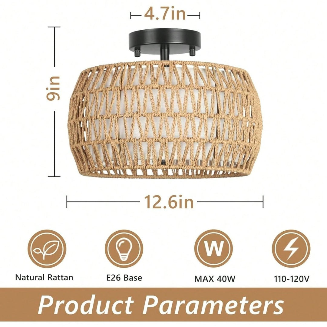 Hand-Woven Rattan Fabric Drum Ceiling Light Fixture Farmhouse Style for Kitchen Island Dining Room Bedroom Hallway Image 4