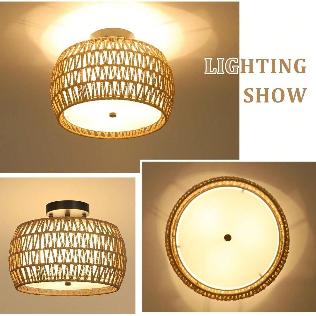 Hand-Woven Rattan Fabric Drum Ceiling Light Fixture Farmhouse Style for Kitchen Island Dining Room Bedroom Hallway Image 5