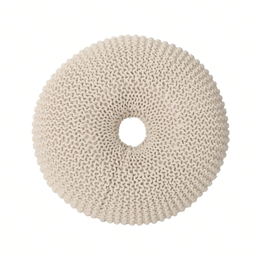 Handcrafted Cotton Knitted Pouf - Beige Donut Design Image 1