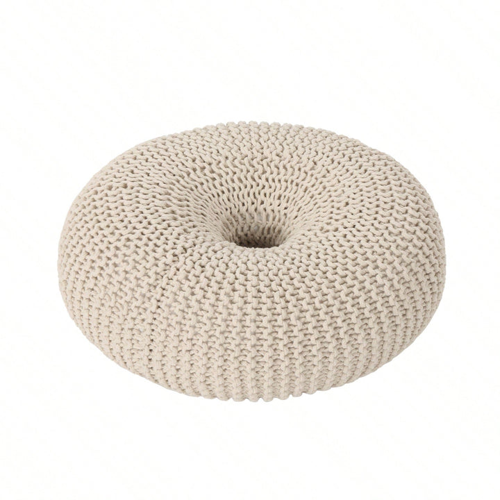 Handcrafted Cotton Knitted Pouf - Beige Donut Design Image 3