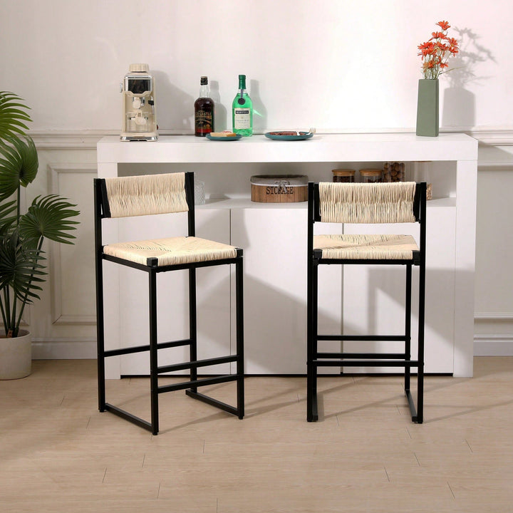 Handcrafted Creamy White Woven Paper Rope Bar Stools Set of 2 with Footrest for Kitchen Island and Dining Room Image 1