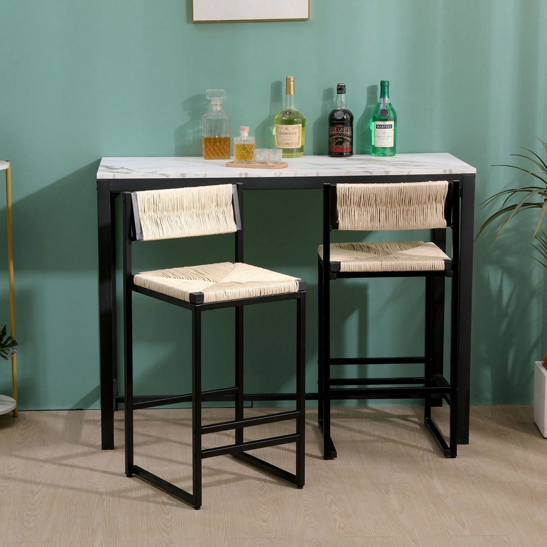 Handcrafted Creamy White Woven Paper Rope Bar Stools Set of 2 with Footrest for Kitchen Island and Dining Room Image 4