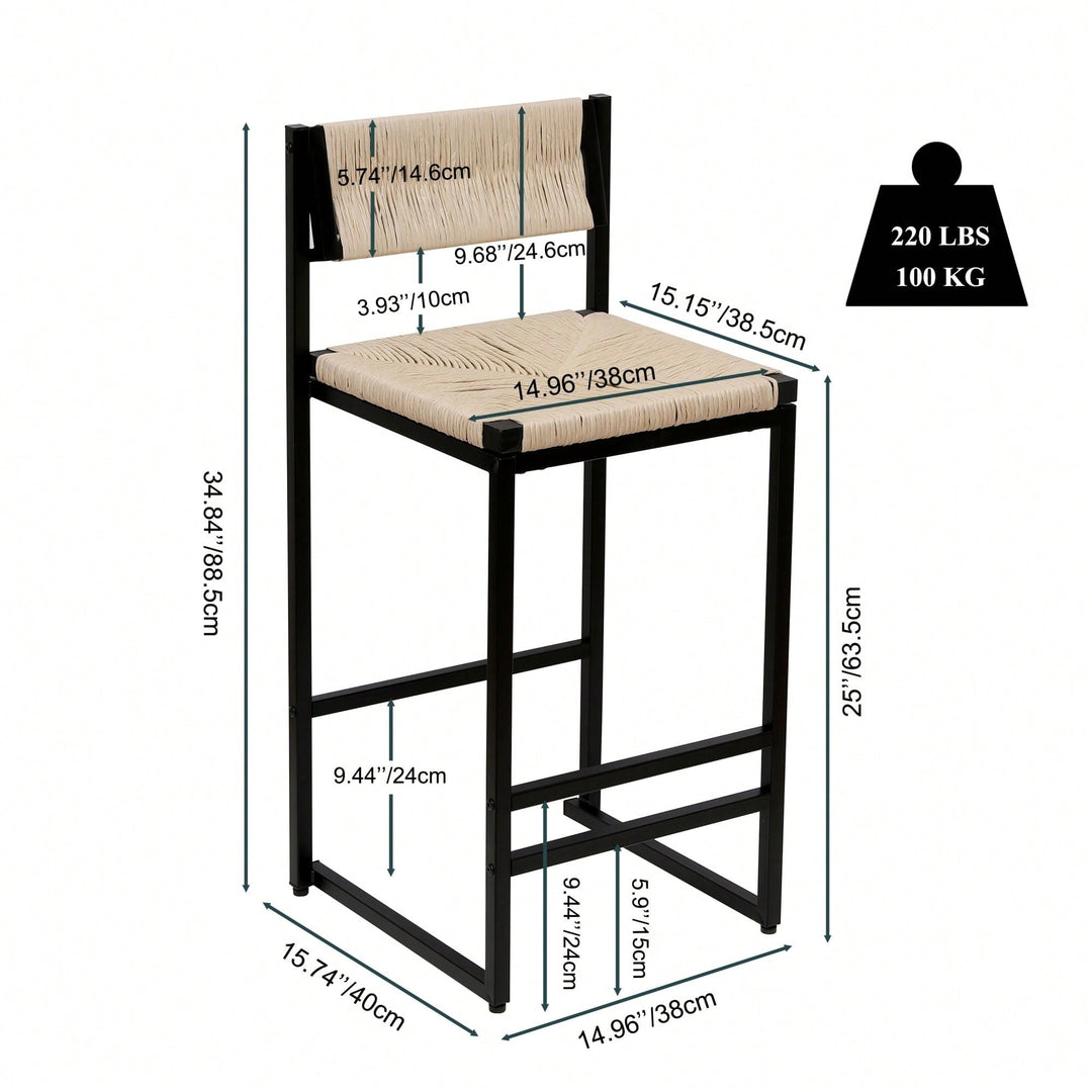 Handcrafted Creamy White Woven Paper Rope Bar Stools Set of 2 with Footrest for Kitchen Island and Dining Room Image 5