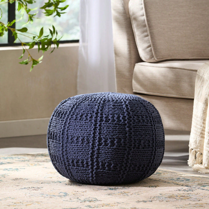 Handcrafted Knitted Cotton Round Pouf 20x20 Modern Home Accent Soft Cozy Accessory Image 1