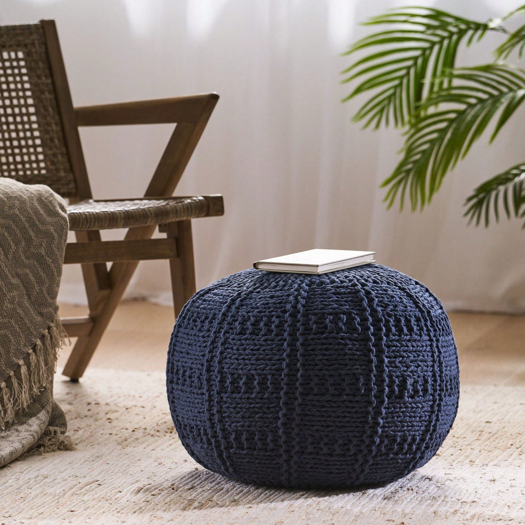 Handcrafted Knitted Cotton Round Pouf 20x20 Modern Home Accent Soft Cozy Accessory Image 3