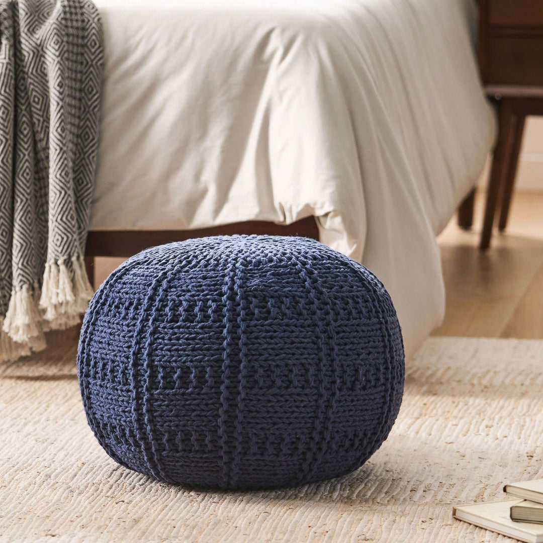 Handcrafted Knitted Cotton Round Pouf 20x20 Modern Home Accent Soft Cozy Accessory Image 4