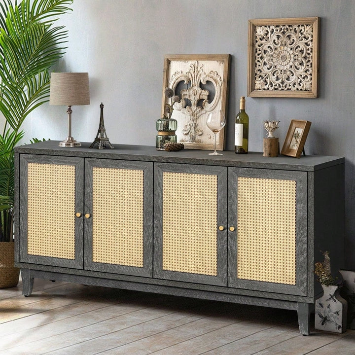 Handcrafted Premium Rattan Sideboard Cabinet With 4 Doors, Modern Console Table With Adjustable Shelves For Stylish Image 3