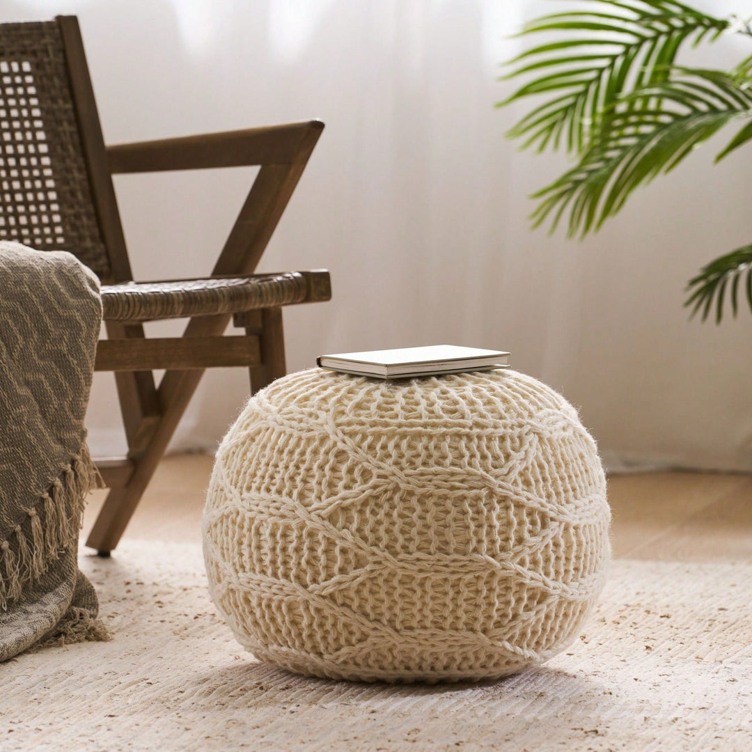 Handcrafted Modern Knit Wool Round Pouf 20x20 For Cozy Image 7