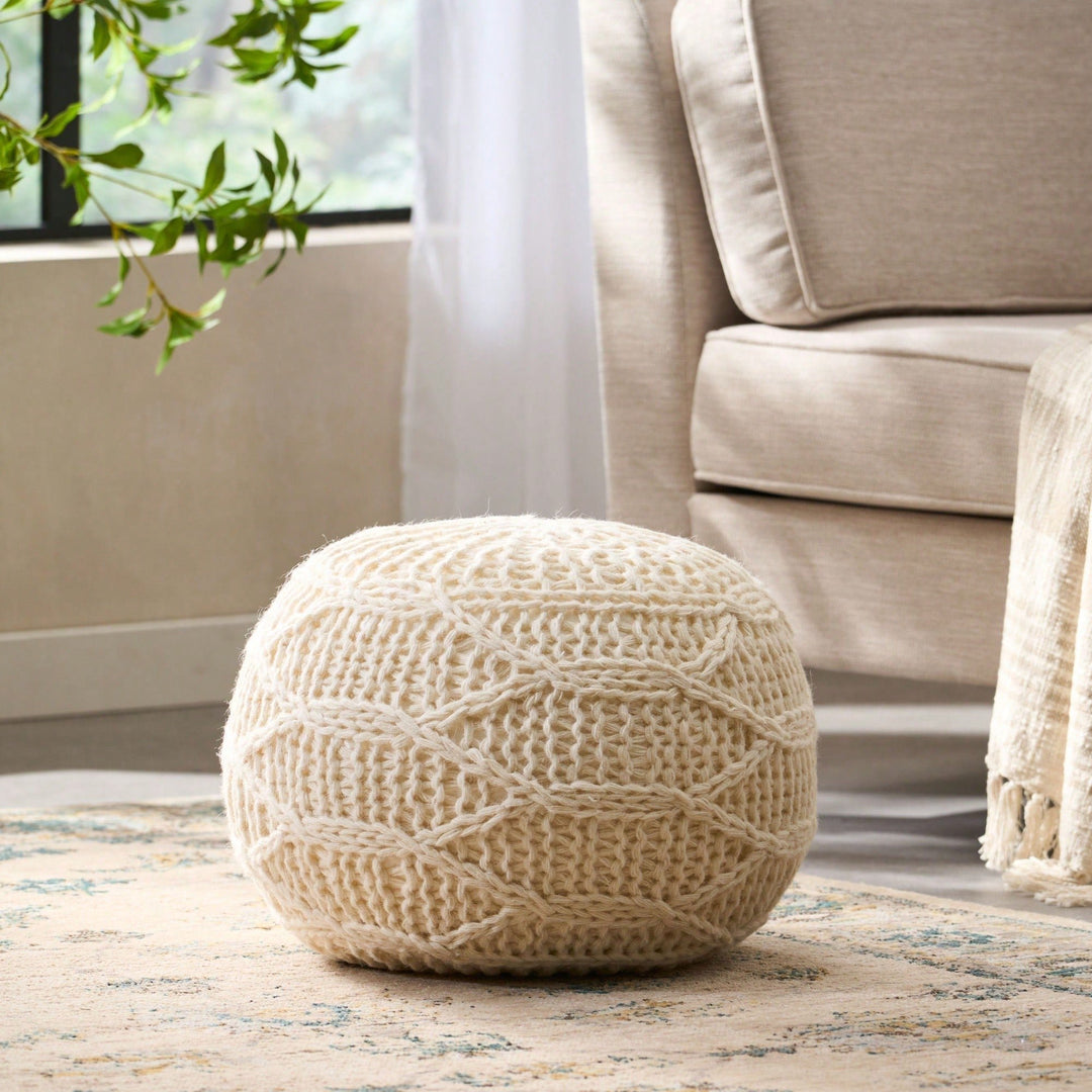 Handcrafted Modern Knit Wool Round Pouf 20x20 For Cozy Image 8