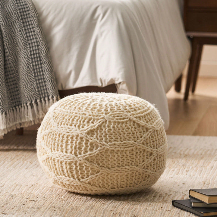 Handcrafted Modern Knit Wool Round Pouf 20x20 For Cozy Image 9