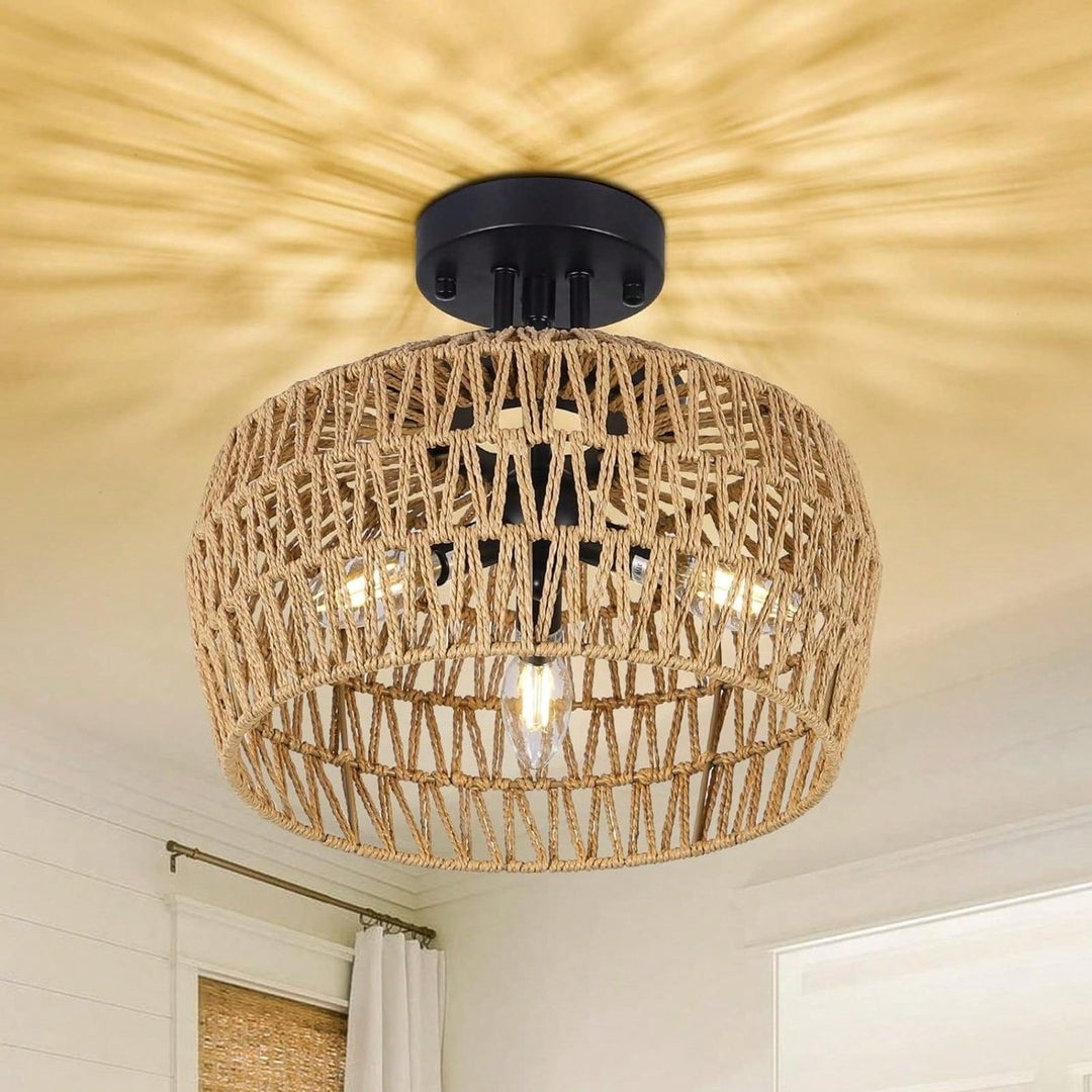 Handmade Boho Rattan Ceiling Light 3-Bulb Woven Chandelier for Bedroom Hallway Living Room Kitchen Image 1