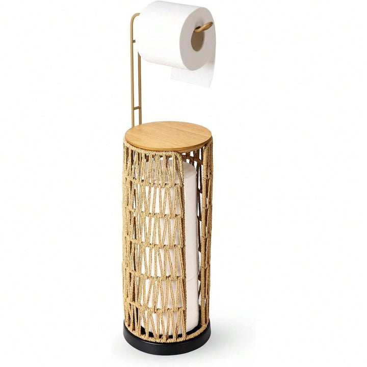 Handmade Rattan Freestanding Toilet Paper Holder with Storage for 3 Rolls Boho Farmhouse Image 1