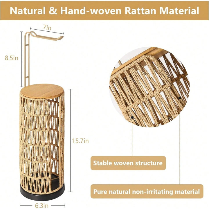 Handmade Rattan Freestanding Toilet Paper Holder with Storage for 3 Rolls Boho Farmhouse Image 4