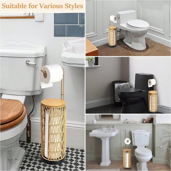 Handmade Rattan Freestanding Toilet Paper Holder with Storage for 3 Rolls Boho Farmhouse Image 5