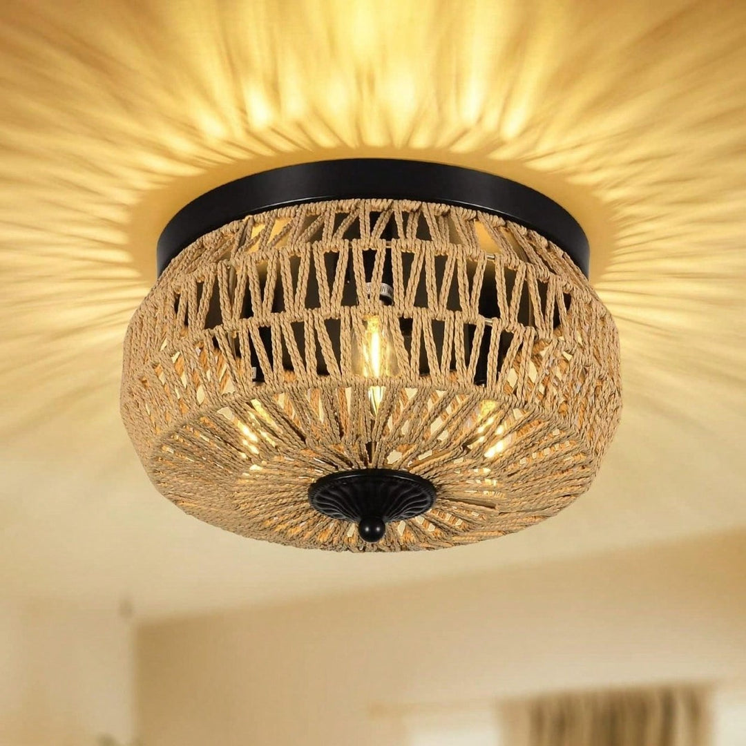 Handwoven Rattan 3-Light Flush Mount Ceiling Light Boho Chic Fixture for Bedroom Kitchen Room Entryway Natural Fiber 360 Image 1