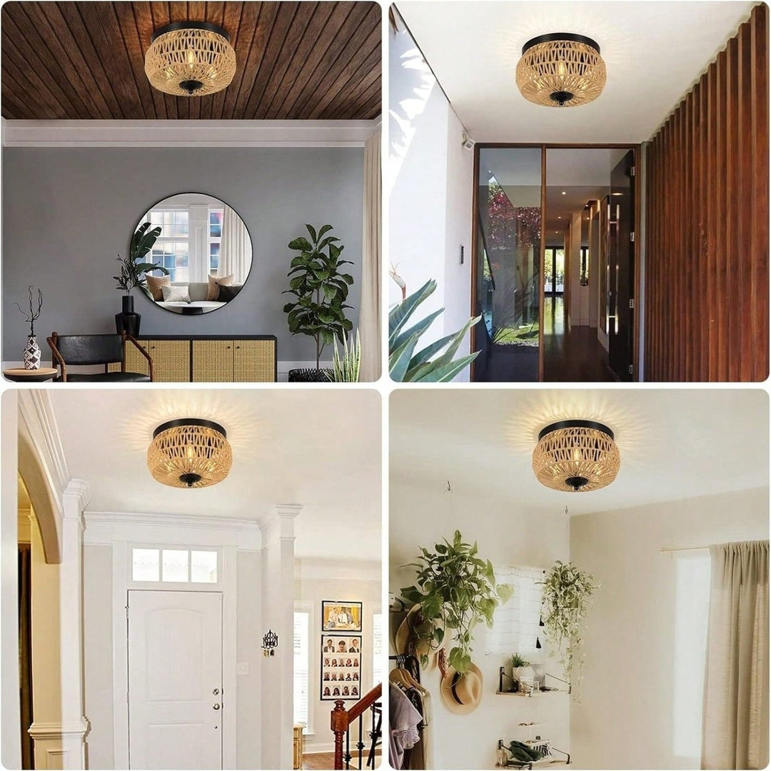 Handwoven Rattan 3-Light Flush Mount Ceiling Light Boho Chic Fixture for Bedroom Kitchen Room Entryway Natural Fiber 360 Image 4