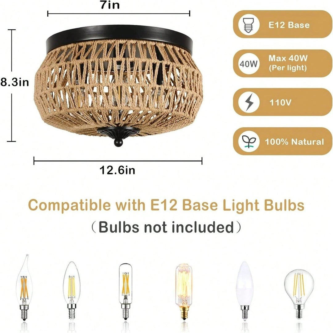 Handwoven Rattan 3-Light Flush Mount Ceiling Light Boho Chic Fixture for Bedroom Kitchen Room Entryway Natural Fiber 360 Image 5