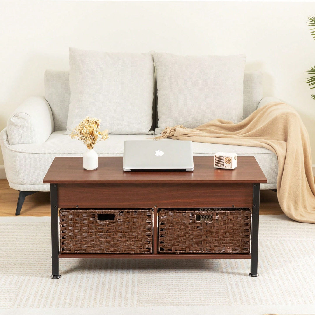 Lifting Coffee Table With Hidden Storage Space, Removable Wicker Baskets, For Living Room Image 1