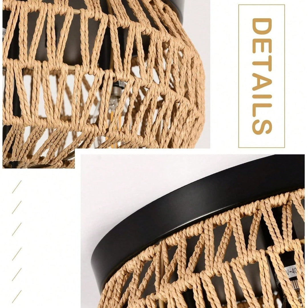 Handwoven Rattan 3-Light Flush Mount Ceiling Light Boho Chic Fixture for Bedroom Kitchen Room Entryway Natural Fiber 360 Image 7