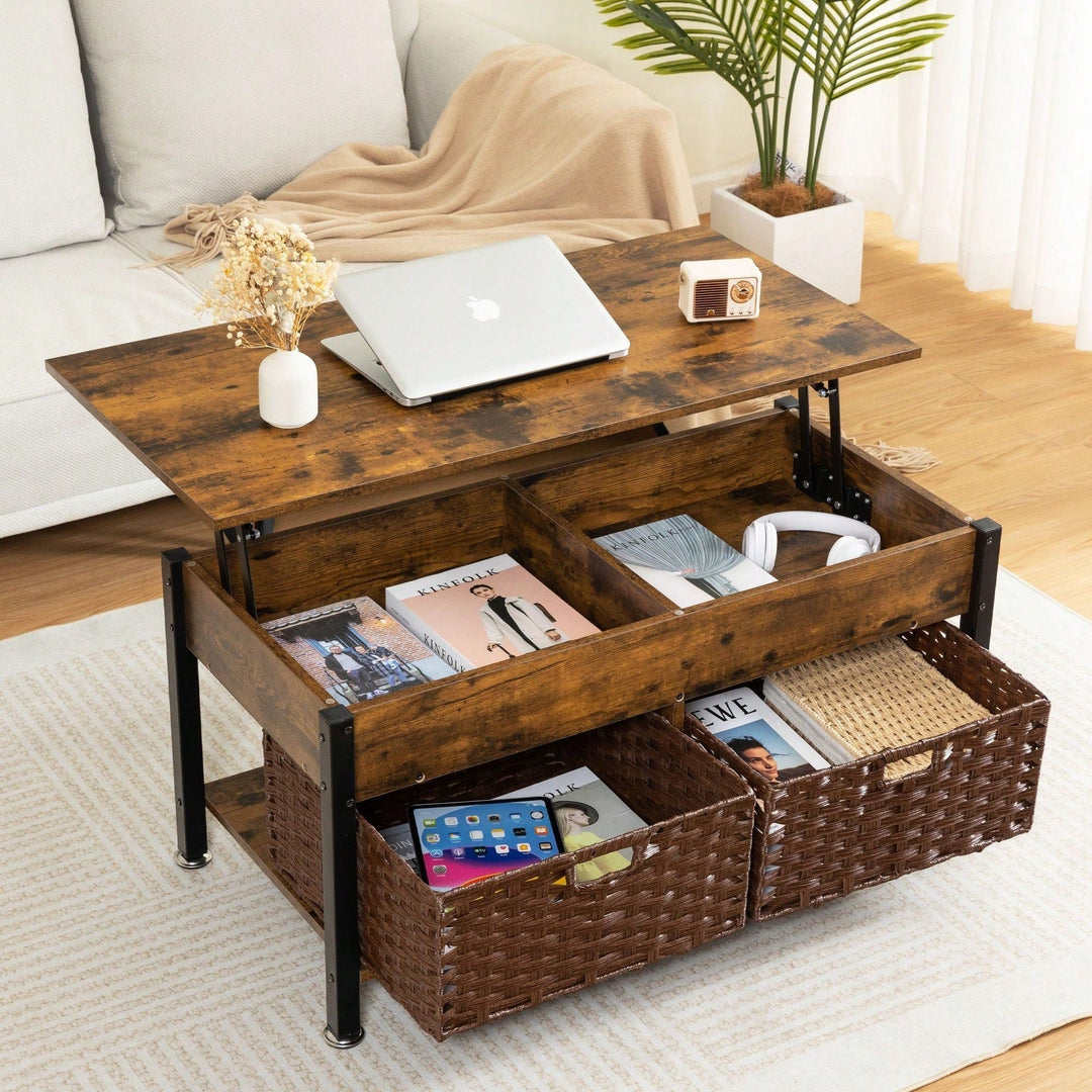 Lifting Coffee Table With Hidden Storage Space, Removable Wicker Baskets, For Living Room Image 3