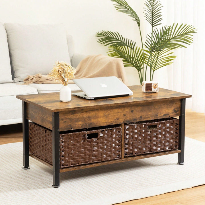 Lifting Coffee Table With Hidden Storage Space, Removable Wicker Baskets, For Living Room Image 4