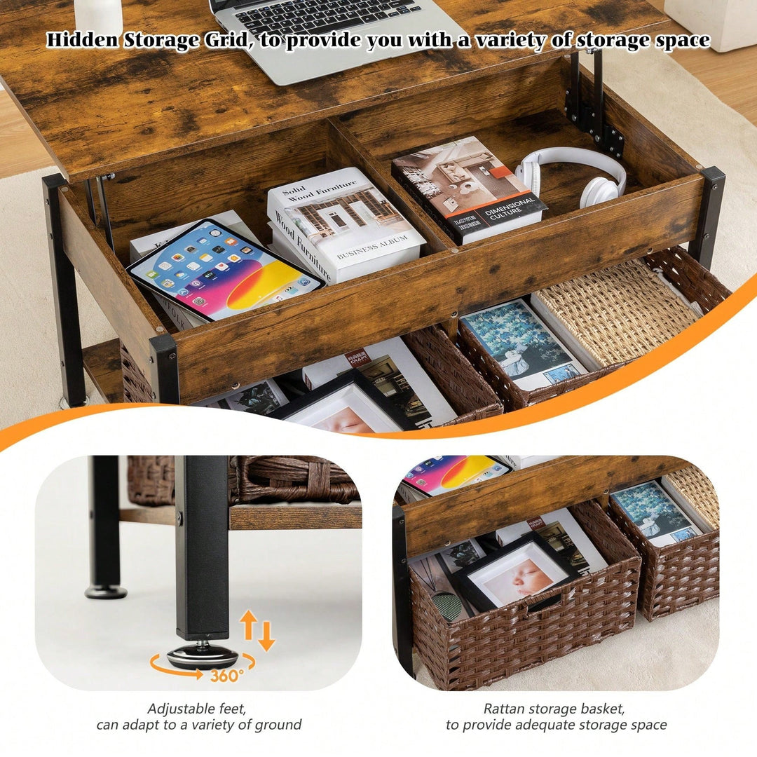 Lifting Coffee Table With Hidden Storage Space, Removable Wicker Baskets, For Living Room Image 6