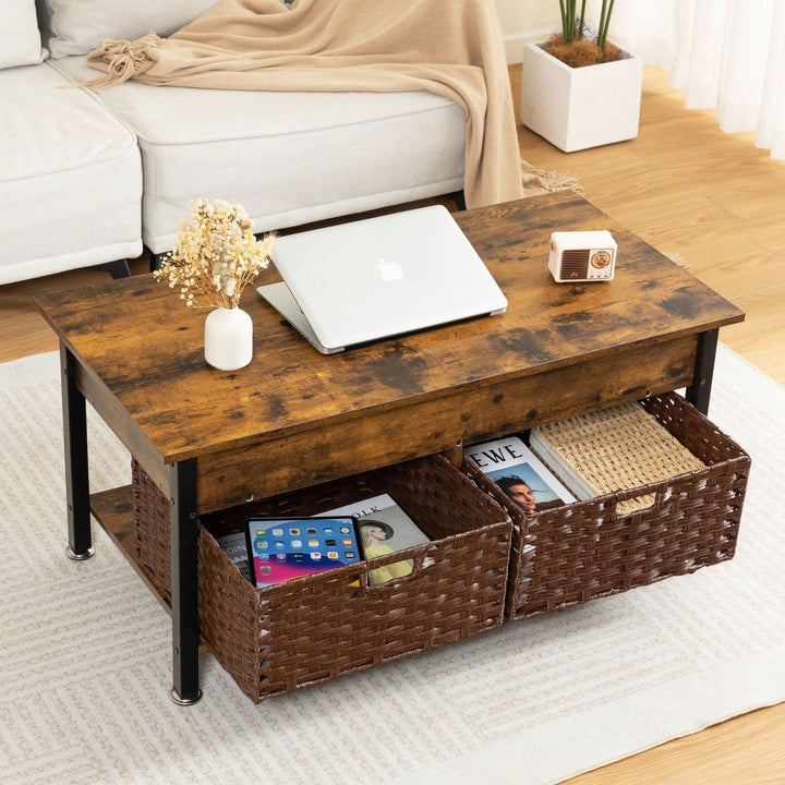 Lifting Coffee Table With Hidden Storage Space, Removable Wicker Baskets, For Living Room Image 7