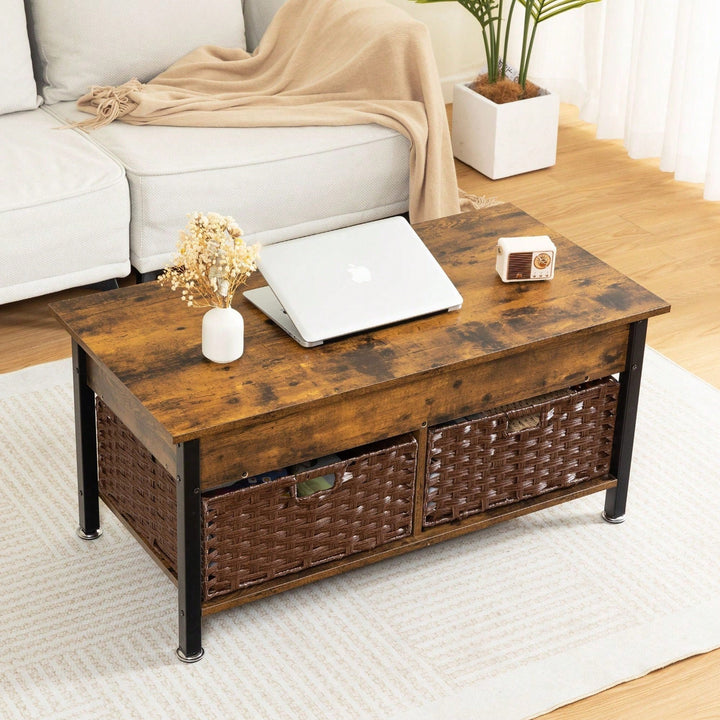 Lifting Coffee Table With Hidden Storage Space, Removable Wicker Baskets, For Living Room Image 8