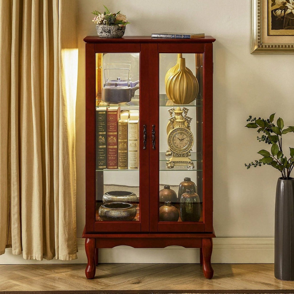 Lighted Curio Diapaly Cabinet With Adjustable Shelves And Mirrored Back Panel, Tempered Glass Doors ( 3 Tier) Image 2