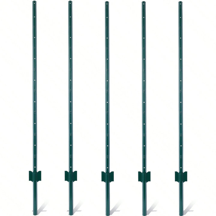 Heavy Duty 5ft Steel U-Channel Fence Posts 5-Pack with Anchor Plates for Garden Wire Fencing Durable Powder Coated Image 1