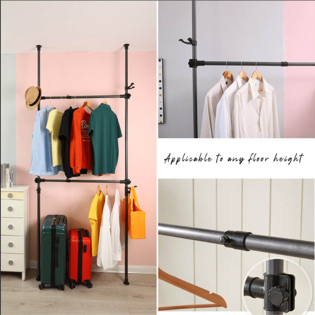 Heavy Duty Adjustable Telescopic Garment Rack 31-47in Wide Supports 120kg Includes Reach Hook Sleek Black Finish Image 4