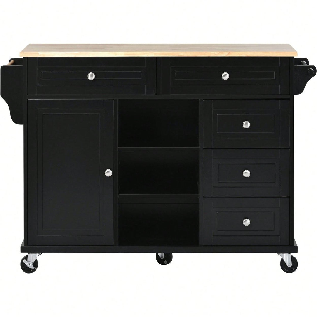 Kitchen Cart With Rubber Wood Desktop Rolling Mobile Kitchen Island With Storage And 5 Draws 53" Length Image 1