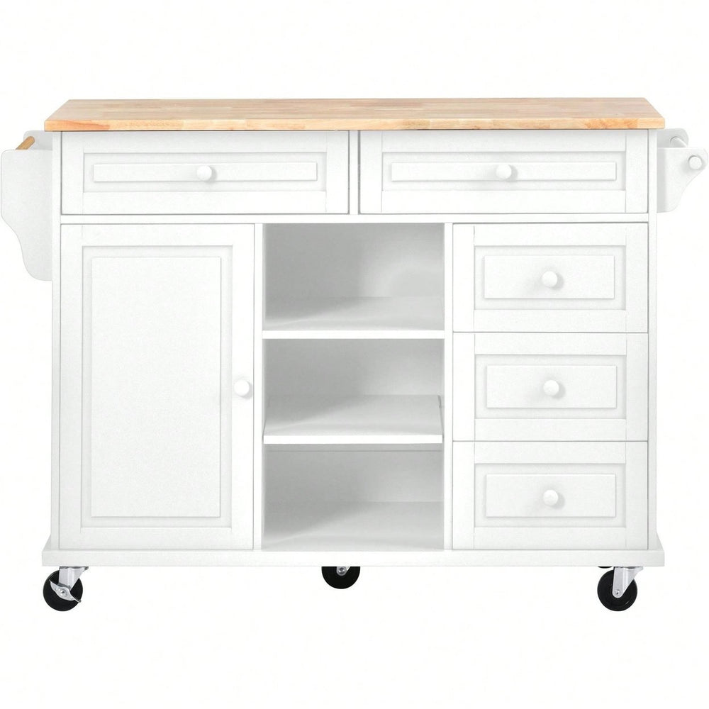 Kitchen Cart With Rubber Wood Desktop Rolling Mobile Kitchen Island With Storage And 5 Draws 53" Length Image 2