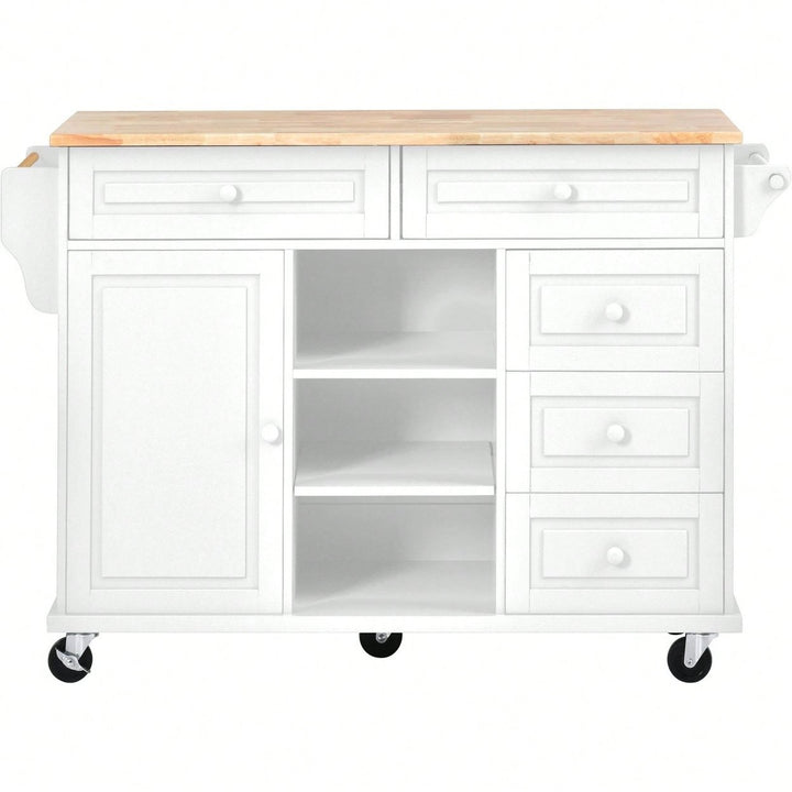 Kitchen Cart With Rubber Wood Desktop Rolling Mobile Kitchen Island With Storage And 5 Draws 53" Length Image 1