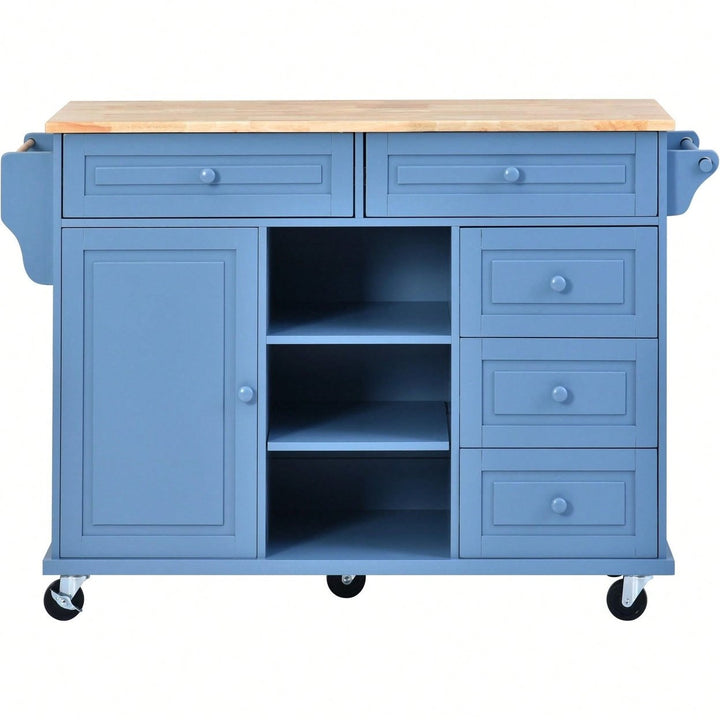 Kitchen Cart With Rubber Wood Desktop Rolling Mobile Kitchen Island With Storage And 5 Draws 53" Length Image 3