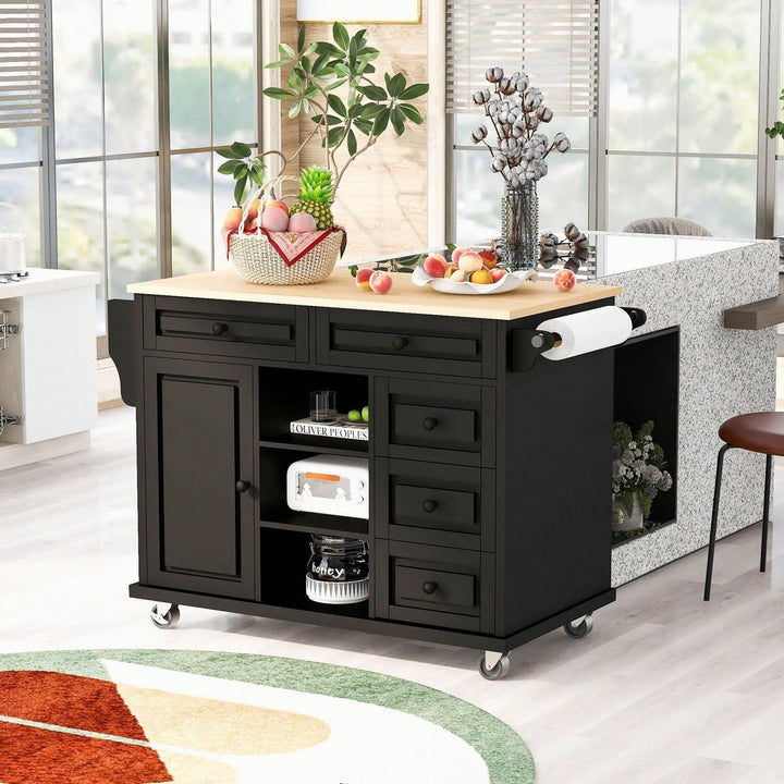 Kitchen Cart With Rubber Wood Desktop Rolling Mobile Kitchen Island With Storage And 5 Draws 53" Length Image 8