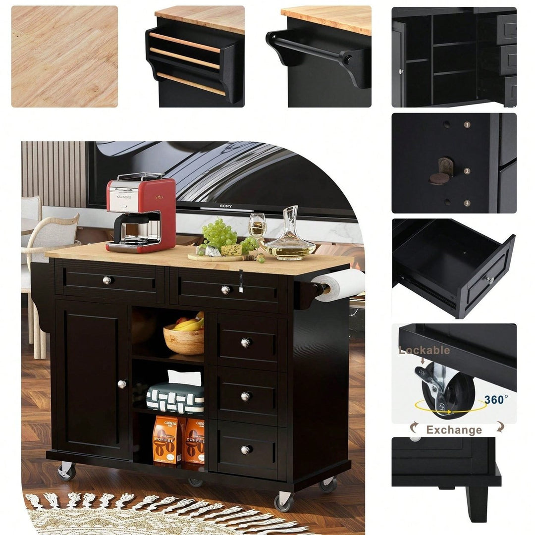 Kitchen Cart With Rubber Wood Desktop Rolling Mobile Kitchen Island With Storage And 5 Draws 53" Length Image 9