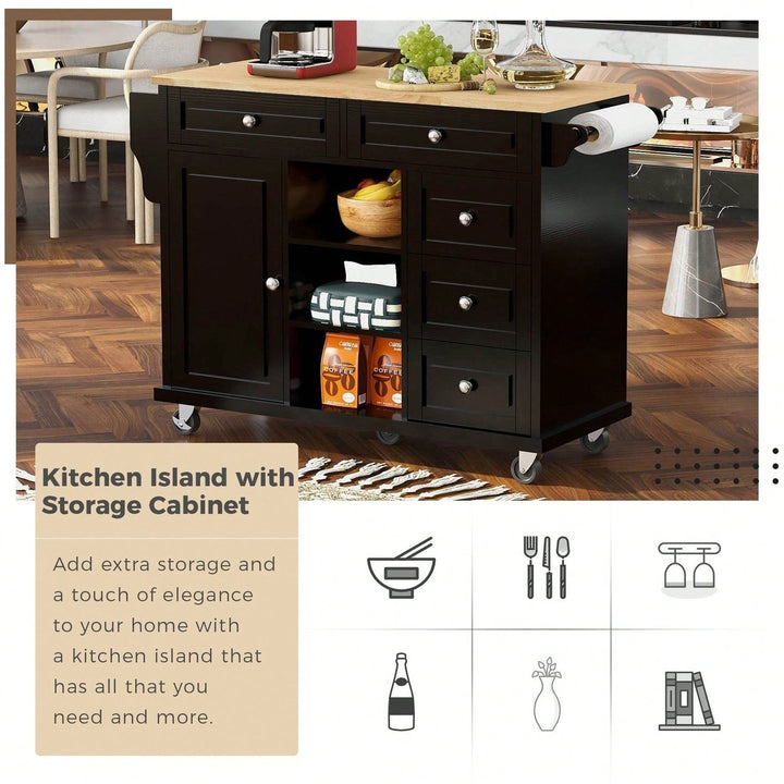 Kitchen Cart With Rubber Wood Desktop Rolling Mobile Kitchen Island With Storage And 5 Draws 53" Length Image 10