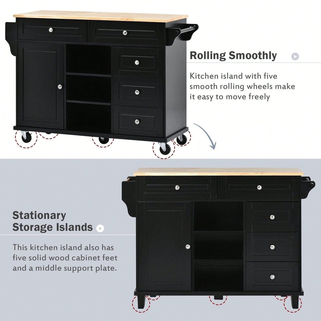 Kitchen Cart With Rubber Wood Desktop Rolling Mobile Kitchen Island With Storage And 5 Draws 53" Length Image 11