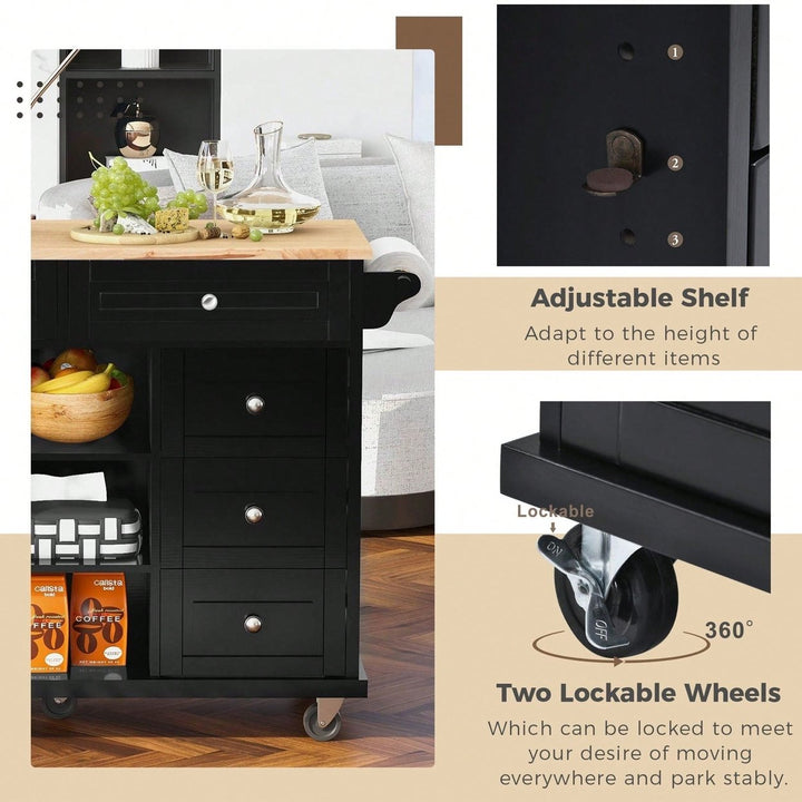 Kitchen Cart With Rubber Wood Desktop Rolling Mobile Kitchen Island With Storage And 5 Draws 53" Length Image 12