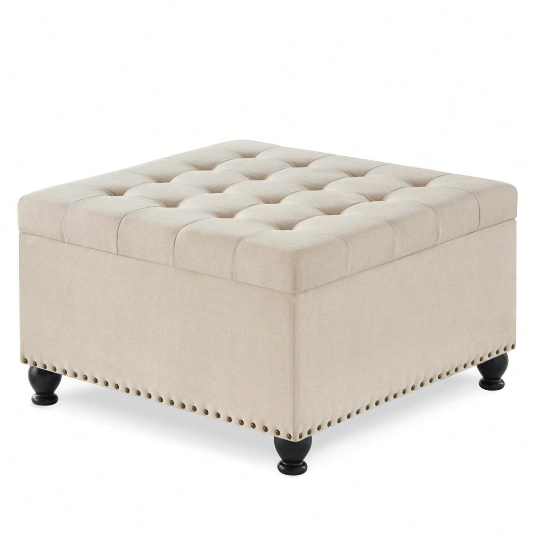 Large Storage Ottoman With Tufted Lid And Wooden Legs - Coffee Table Ottoman For Living Room, Bedroom Image 2