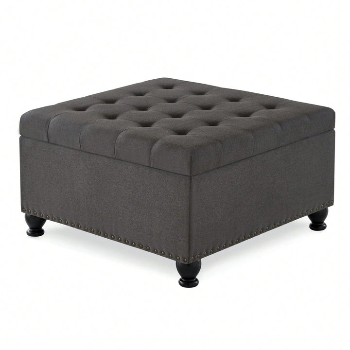 Large Storage Ottoman With Tufted Lid And Wooden Legs - Coffee Table Ottoman For Living Room, Bedroom Image 3