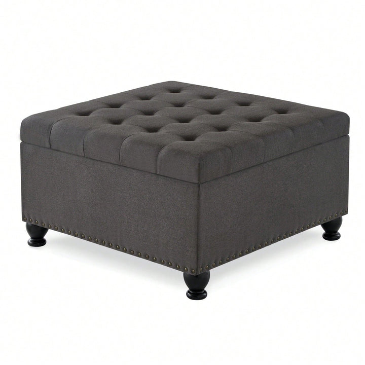 Large Storage Ottoman With Tufted Lid And Wooden Legs - Coffee Table Ottoman For Living Room, Bedroom Image 1