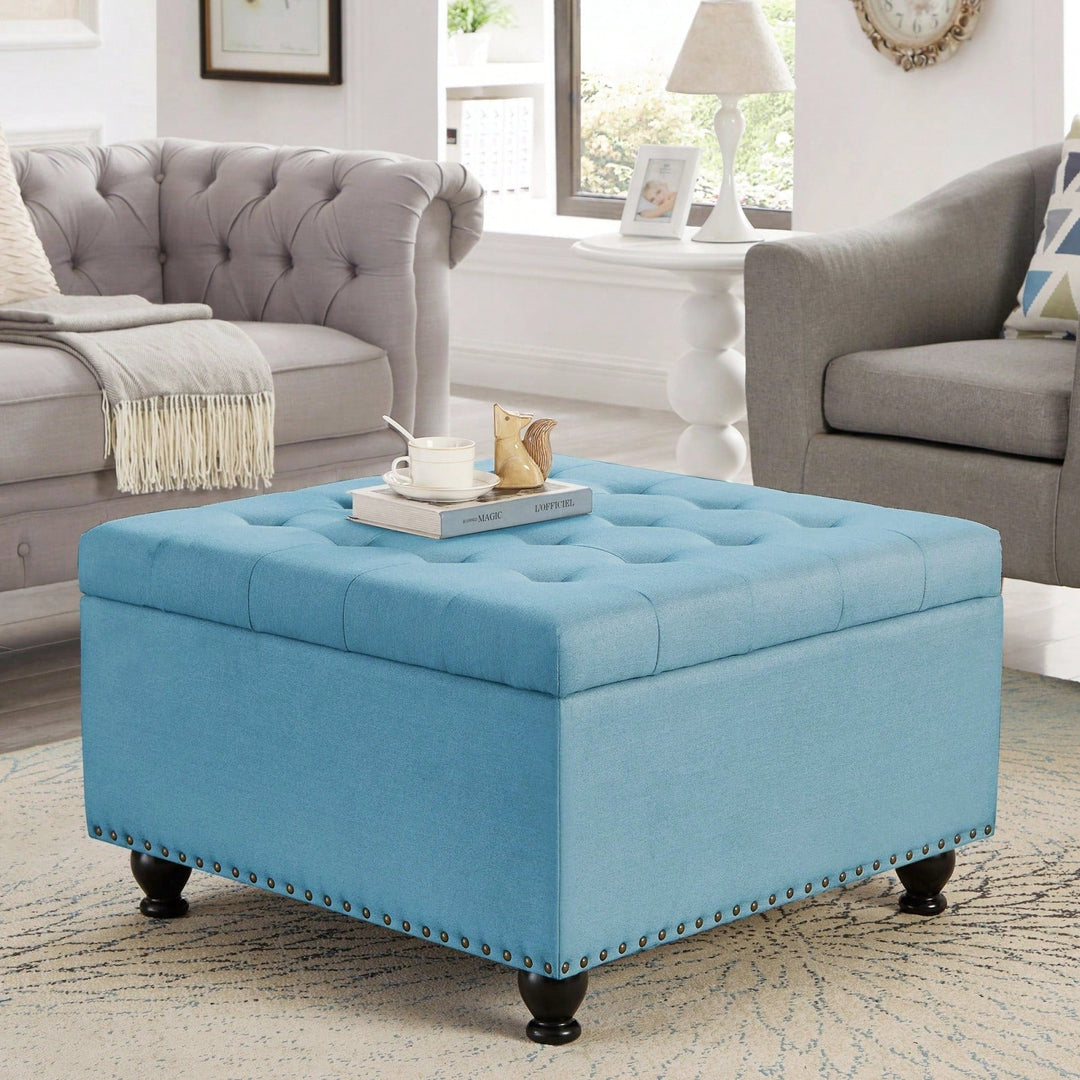 Large Storage Ottoman With Tufted Lid And Wooden Legs - Coffee Table Ottoman For Living Room, Bedroom Image 4