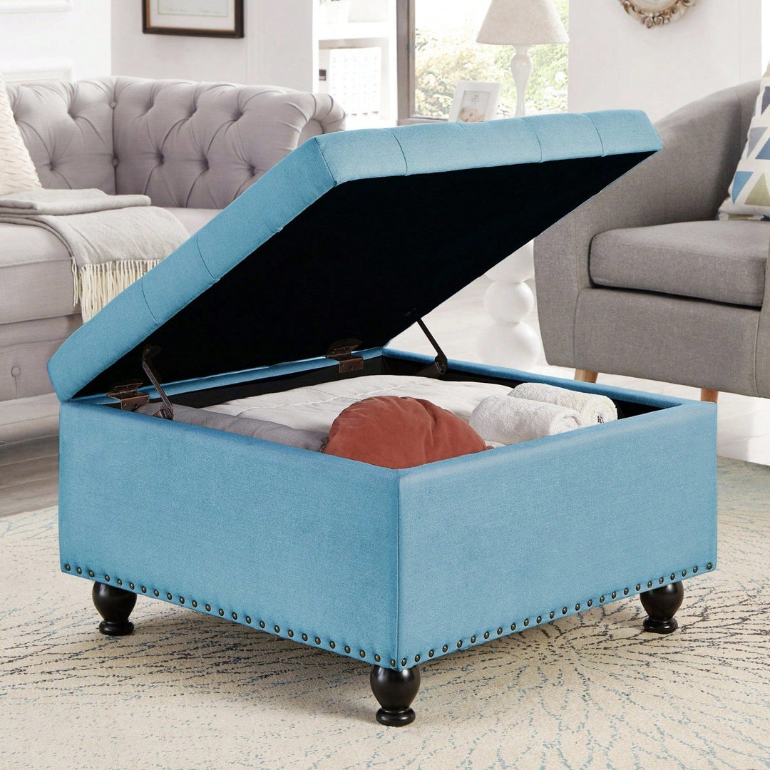 Large Storage Ottoman With Tufted Lid And Wooden Legs - Coffee Table Ottoman For Living Room, Bedroom Image 5