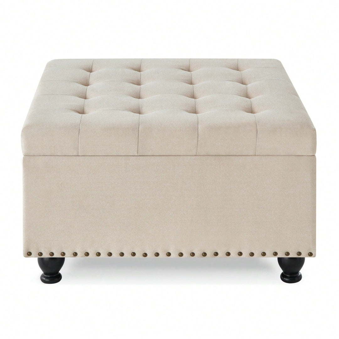 Large Storage Ottoman With Tufted Lid And Wooden Legs - Coffee Table Ottoman For Living Room, Bedroom Image 8